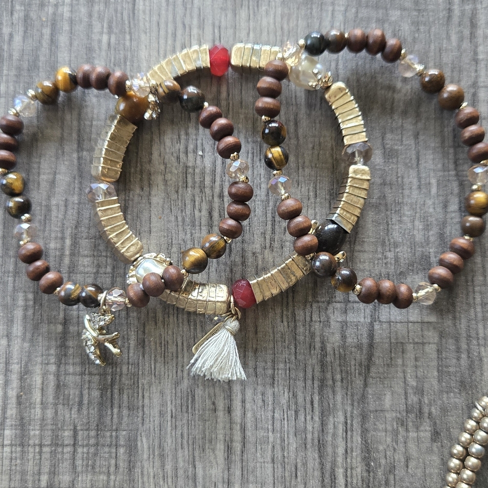 Elegant Gold and Brown Beaded Bracelet Set